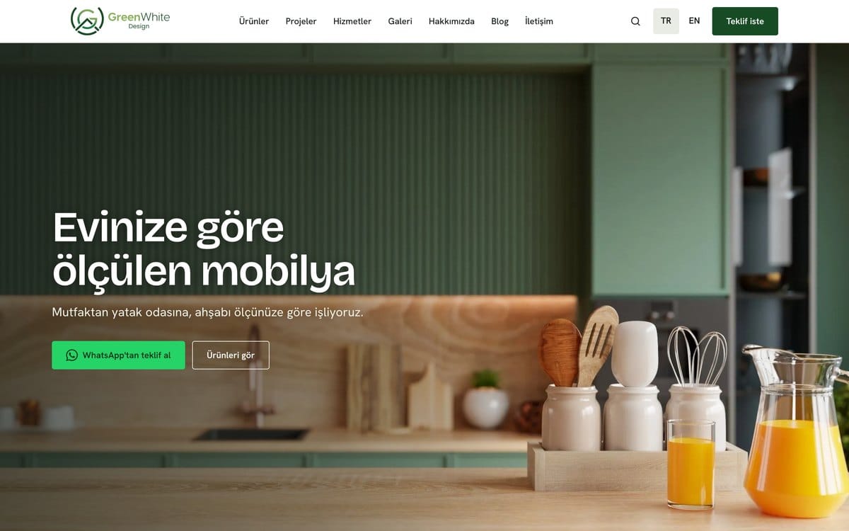 GreenWhite Design için teslim edilen kurumsal web sitesinin ekran görüntüsü