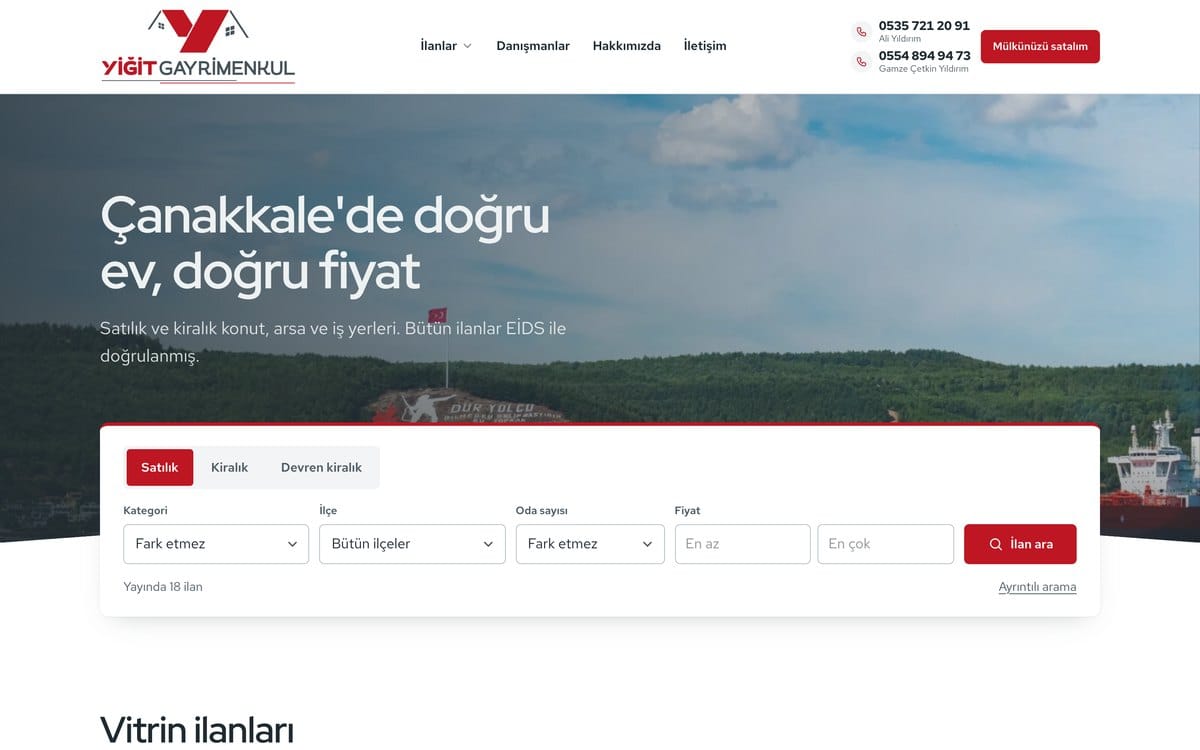 Yiğit Gayrimenkul için teslim edilen kurumsal web sitesinin ekran görüntüsü